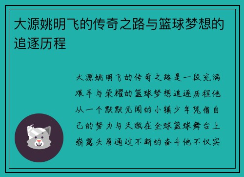 大源姚明飞的传奇之路与篮球梦想的追逐历程